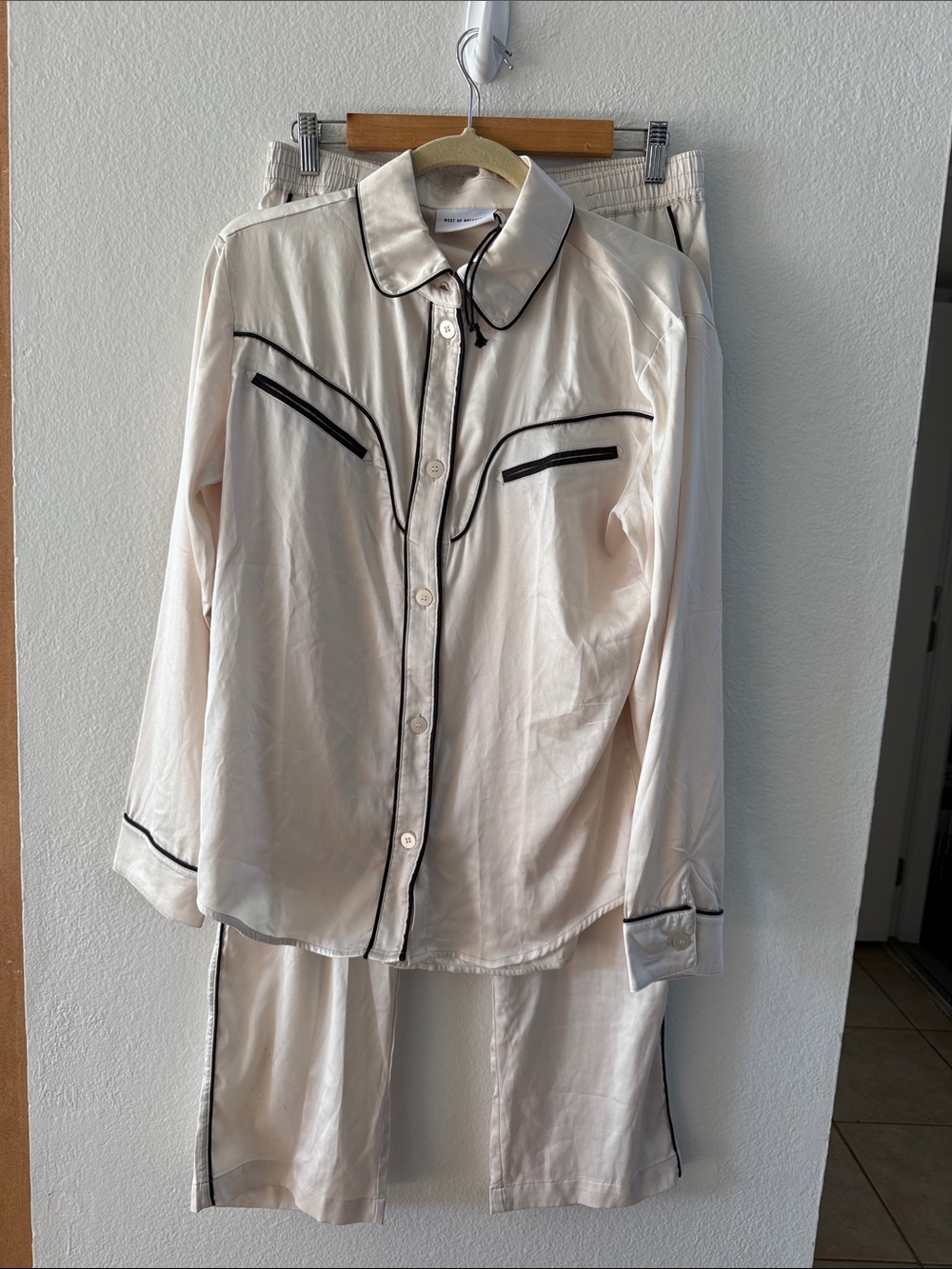 West of Breakfast The Western One in Pearl Pajama Set Cream Black Piping Size S